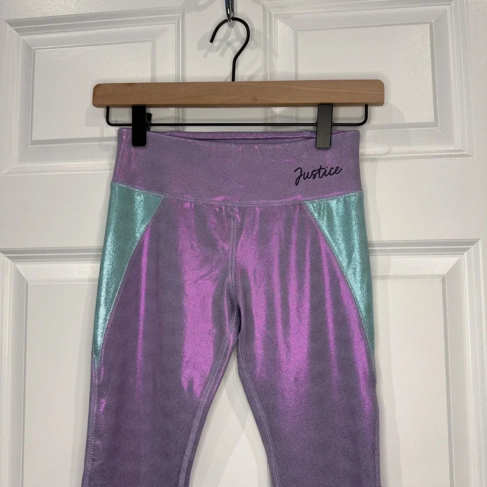 Justice‎ Girls Purple Teal Metallic Shimmer Colorblock Leggings Size M 10